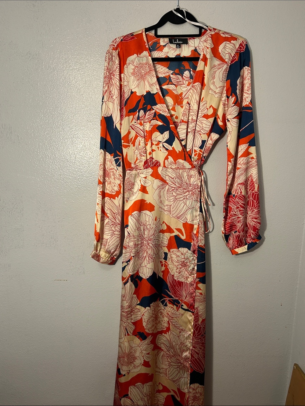 Lulu's Orange, Navy & Cream Floral Wrap Maxi Dress